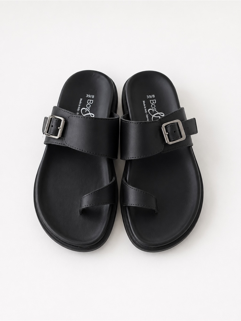 Bos. & Co. Made in Italy Black Toe-Loop Slide Sandals with Buckle